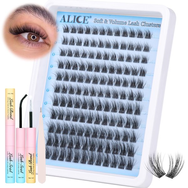 ALICE Fluffy Lash Cluster Kit Faux Mink Eyelash Extension Kit 10-16mm 132pcs DIY Lash Extension Kit Wispy 3D C Curl Eyelash Clusters with Lash Glue Bond and Seal Self Application at Home