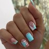 French Tip Press on Nails Blue Fake Nails Square False Nails with Rhinestone Designs Butterfly Artificial Nails Spring Summer Acrylic Nails Medium Stick on Nails Cute Glue on Nails for Women Manicure