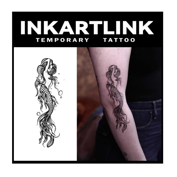 INKARTLINK Tattoo Tech, 2 Sheets Medium Semi Permanent Tattoo, Adult Art Design Temporary Tattoos, Lasts 1-2 Weeks, Waterproof, Realistic Look, No Adhesive, No Reflection (Just like a Mermaid Design)