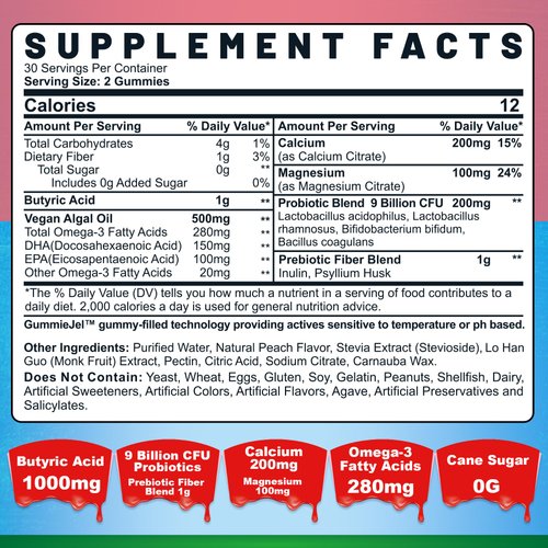 Butyrate Gummies with Probiotic + Prebiotic + Postbiotic, Omega-3 500mg,Fiber with 9 Billion CFU Probiotics, Calcium & Magnesium, Inulin,Psyllium Husk for Digestive Health,Bloating Support,Sugar Free