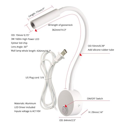 LEDSONLINE Corded Bedside Reading Wall Light Sconces Lamp 3W Easy Install AC85-265V(White Body, 2pcs Pure White 6000K)