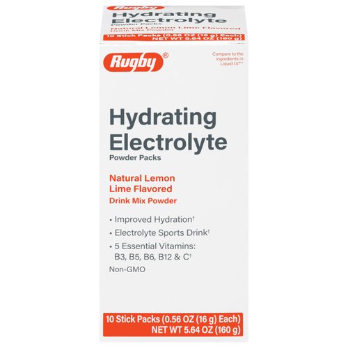 Rugby Hydrating Electrolyte Powder Packs - Drink Mix Powder Packets with 5 Vitamins - Improved Hydration - Natural Lemon-Lime Flavor - 10 Stick Packs - 0.56 Oz Each