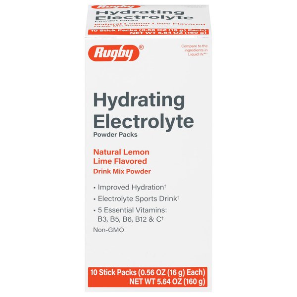Rugby Hydrating Electrolyte Powder Packs - Drink Mix Powder Packets with 5 Vitamins - Improved Hydration - Natural Lemon-Lime Flavor - 10 Stick Packs - 0.56 Oz Each