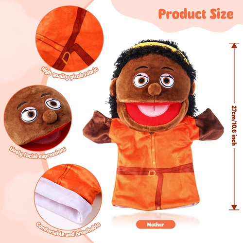 1 Pcs Family Hand Puppets 12 Inch Grandparents, Mom & Dad, Brother & Sister Plush Hand Puppet Toys Role-Play Toy Puppets for Kids Storytelling Imaginative Pretend Play Teaching Preschool(Black Mom)
