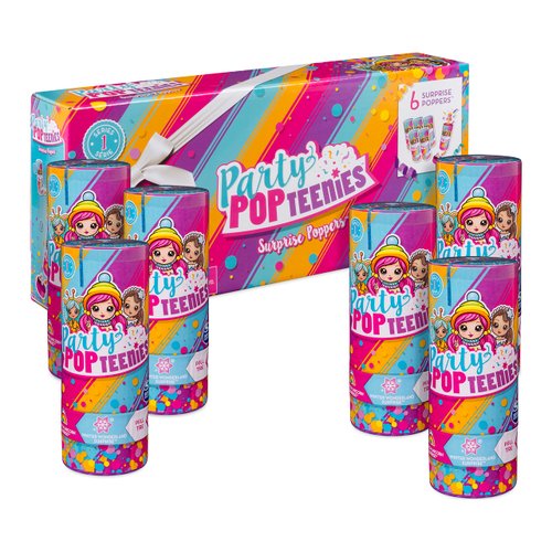 Party Popteenies – Party Pack – 6 Surprise Popper Bundle with Confetti, Collectible Mini Dolls and Accessories, for Ages 4 and Up (Styles Vary)
