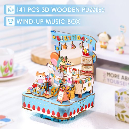 MOMIBOOK 3D Wooden Puzzles for Adults, Wind-up Music Box, 141 Pcs DIY Wood Model Kits for Adults, Happy Birthday Building Puzzles for Teens, DIY Crafts, Hobbies, Desk Decor for Birthday Christmas