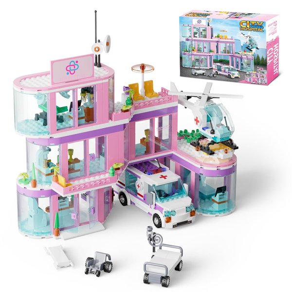 QLT QIAOLETONG Friends City Hospital Building Set, Ambulance Truck with Hospital Bed Wheelchair Playset Birthday, Gift for Boys Girls Kids 6+ Years Old-Compatible with Lego for Girls Age 8-12