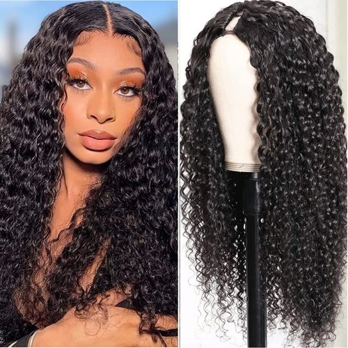 Amznlady Curly V Part Wig Human Hair Brazilian Virgin Human Hair Wigs for Black Women Upgrade U Part Wig Glueless Full Head Clip In Half Wig V Shape Wig No Leave Out 180% Density Natural Color 22 Inch