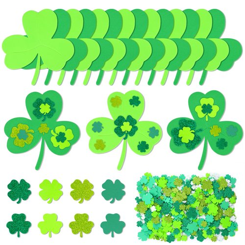 HOWAF St. Patrick's Day Crafts Kit Shamrock Clover Foam with Glitter St. Patrick's Day Foam Stickers for St. Patrick's Party DIY,Irish Green Party Crafts Kits for St. Patrick's Party Accessories