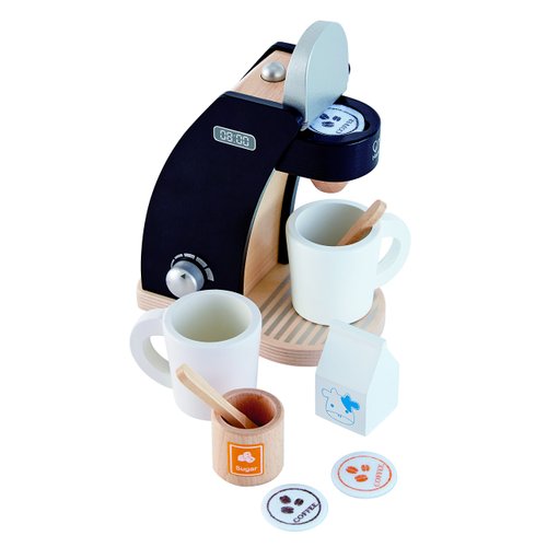 Hape Wooden Black Coffee Maker Kitchen Set with Accessories| Pretend Play Toy Set for Kids Ages 3 Years and Up