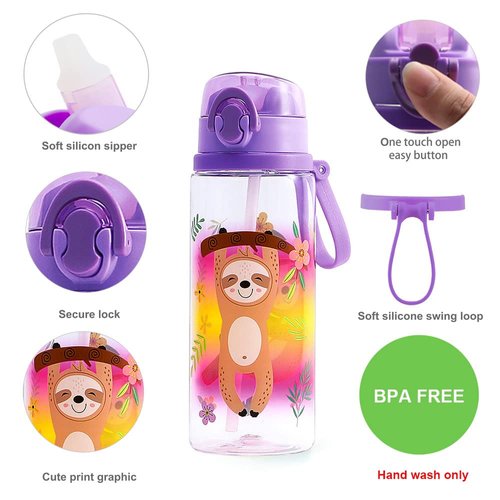 Home Tune Cute Water Bottle for School Kids Girls Boys, BPA FREE & Leak Proof & Easy Clean, 24oz / 700ml - Sloth