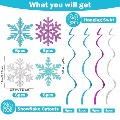 Lonfliness 48PCS Winter Snowflake Hanging Decorations Glittery Colorful Snowflake Swirls Ornament Holiday Snowflake Ceiling Streamers for Winter Wonderland Birthday Baby Shower Christmas Party Supply