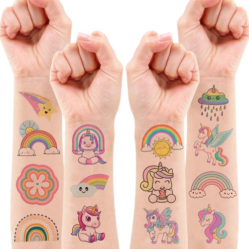 100 PCS Cute Funny Pastel Rainbow Unicorn Temporary Tattoos Sticker for Kids Rainbow Birthday Party Decorations Favors Supplies Decor Gifts Boys Girls Baby Shower Cute Fake Tattoo School Reward Themed