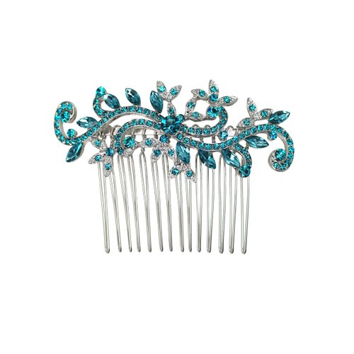 Faship Malibu Blue Teal Crystal Floral Hair Comb