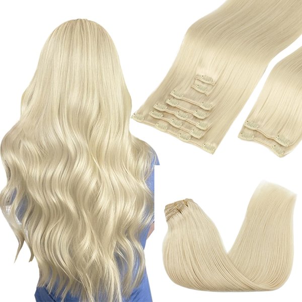 GOO GOO Clip in Hair Extensions Real Human Hair, 16inch 150g 9Pcs, 60A Platinum Blonde, Remy Human Hair Extensions Clip ins for Women, Natural Human Hair