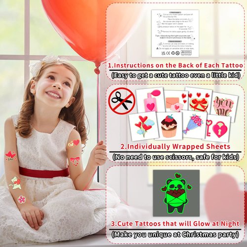 Partywind 204 Styles Glow Valentine's Day Tattoos for Kids Classroom, Individually Wrapped Sheets Valentines Temporary Tattoos for Party Supplies Favors Decorations, Heart Decor Tattoo Stickers