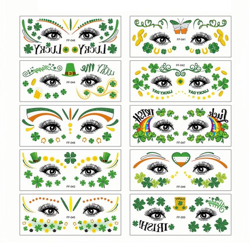 10Pcs St Patricks Day Face Stickers, St Patricks Day Temporary Tattoos Glitter Shamrock Tattoos, St. Patricks Day Accessories for Kids Women Irish Parade Party Favors