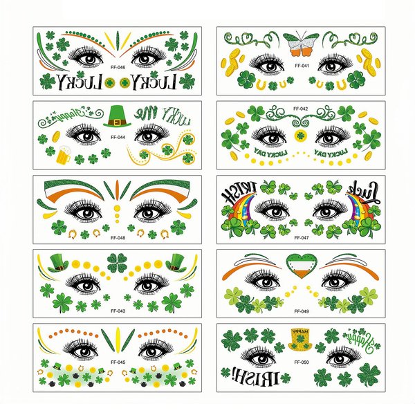 10Pcs St Patricks Day Face Stickers, St Patricks Day Temporary Tattoos Glitter Shamrock Tattoos, St. Patricks Day Accessories for Kids Women Irish Parade Party Favors