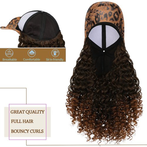 Qlenkay Leopard Baseball Cap with 16in Hair Extensions Adjustable Metal Buckle Wig Hat Attached African Kinky Curly Hairpiece for Woman Black to Light Auburn