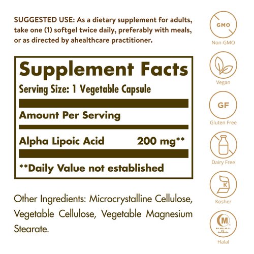 Solgar Alpha Lipoic Acid 200 mg, 50 Vegetable Capsules - Antioxidant Support - Helps to Recycle Glutathione, Vitamin C & E, CoQ-10 - Non-GMO, Vegan, Gluten Free, Dairy Free, Kosher - 50 Servings