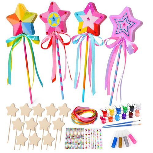 56Pcs Princess Fairy Wands Kit，Unfinished Wood Crafts ， Include Wooden Fairy Wands, Gem Stickers, Ribbons Unfinished Wooden DIY Magical， for Girls Make Your Own Princess Wand, Parties, Holiday Gifts