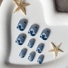Press on Nails Short Square Fake Nails Summer False Nails Ocean Sea Wave Design Acrylic Stick on Nails Blue Glossy Glue on Nails Artificial Nails for Women 24pcs
