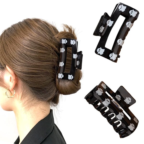 Halloween Hair Clips Square Claw Clips Black Hollowed Out Shark Claw Clips Hairpins with Cute Ghost Design Medium Halloween Hair Accessories for Women Girls Halloween Hair Decorations 1pcs