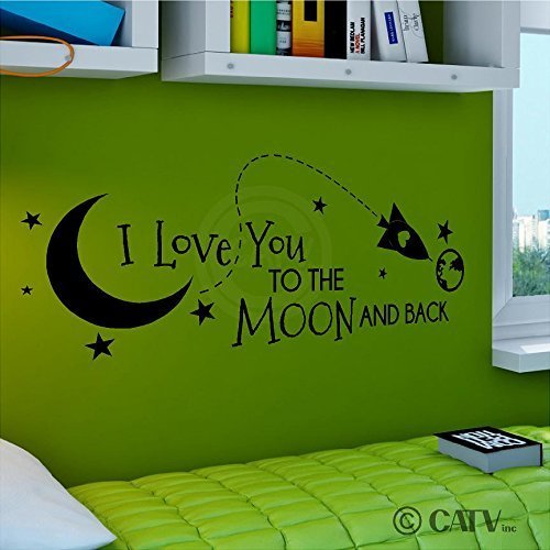 Rocket I Love You To The Moon And Back vinyl lettering decal home decor wall art saying (Black, 12.5x33)