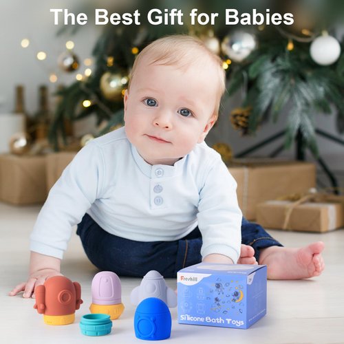 Freshill Silicone Baby Bath Toy Set for Infants 6-12 Months, Bathtub Toys for Toddlers 1-3,Mold Free Squirty Pool Toy, Dishwasher Safe 4 Pack