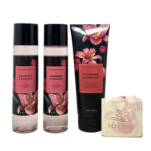 Bath & Body Works Raspberry & Pink Lily 3 Piece Bundle - 2 Fragrance Mists and Body Cream - with a Himalayan Salts Springs Bar Soap - Full Size