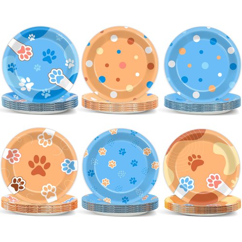 Justforjoyful 48Pcs Blue Dog Birthday Party Supplies Puppy Party Dessert Tableware Dinnerware Set Paw Paper Plates Paw Shaped Disposable for Cartoon Birthday Paw Print Table Party Decor