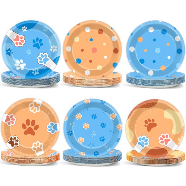 Justforjoyful 48Pcs Blue Dog Birthday Party Supplies Puppy Party Dessert Tableware Dinnerware Set Paw Paper Plates Paw Shaped Disposable for Cartoon Birthday Paw Print Table Party Decor