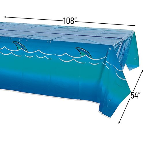 Fun Express Shark Tablecloth (1 Piece) Plastic, 54" x 108", Pool Party, Disposable Décor, Birthday Party Supplies