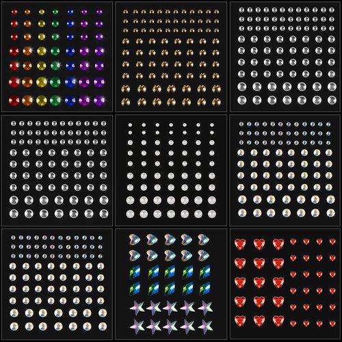 DIVAWOO 9 Sheets Bindi Dots Face Gems Face Jewels-Crystal Rainbow Heart Pearl Rhinestones for Women Eye Makeup Festival Accessory Nail Art Decoration