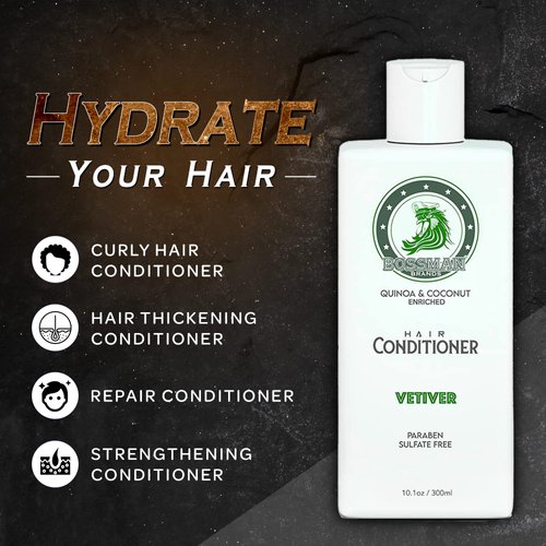 Bossman Moisturizing Hair Conditioner for Men – Stimulates, Hydrates, Soothes Men's Hair and Scalp – Natural Quinoa & Coconut Enriched - Paraben & Sulfate Free (Vetiver X Scent)