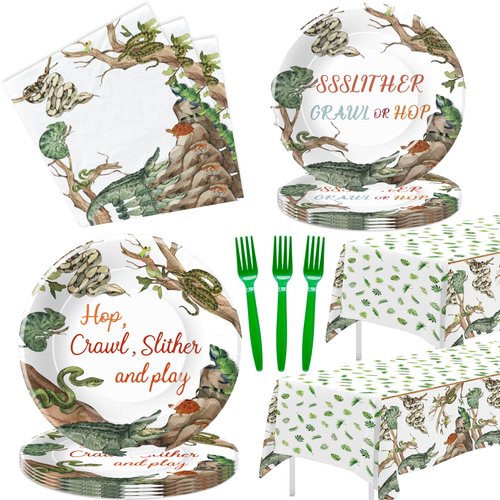 HIPVVILD Reptile Birthday Party Supplies - Reptile Decorations Tableware, Plate, Napkin, Tablecloth, Fork, Jungle Swamp Animal Lizard Snake Turtle Alligator Theme Party Supplies | Serve 24