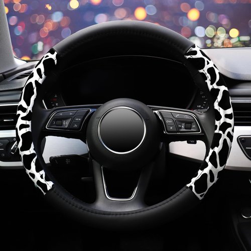 ZHOL Cow Print Steering Wheel Cover, Universal 14.5-15 inch Breathable Microfiber Leather Anti-Slip Car Steering Wheel Protector for Women Men, Black&White