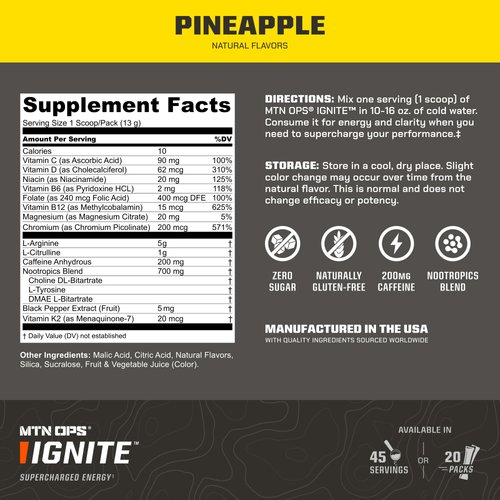 MTN OPS Ignite Trail Packs Energy Drink Powder, Gluten Free Nitric Oxide Supplement Drink Mix, L Arginine, L Citrulline, Caffeine & Nootropic Sugar Free Drink Mix, 20 Servings, Pineapple Crush