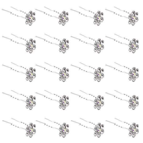 QIUTIMIY 20 Pack (White) Crystal Flower Hair Pins Rhinestone Hair Clips for Bridal Wedding Women Hair Jewelry Accessories, with Clear Container