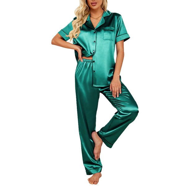 Ekouaer Women’s Silk Satin Short Sleeve Pajamas Set Pjs Soft Vacation Loungewear Sleepwear Pjs Set(Green,Medium)