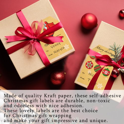 KZCUVNV Christmas Gift Tags, 120 PCS Christmas Gift Tags Self-Adhesive,Gift Tags for Christmas Presents, Kraft Christmas Gift Tags Sticker for Boxes, Envelope, Bags, Holiday Decoration