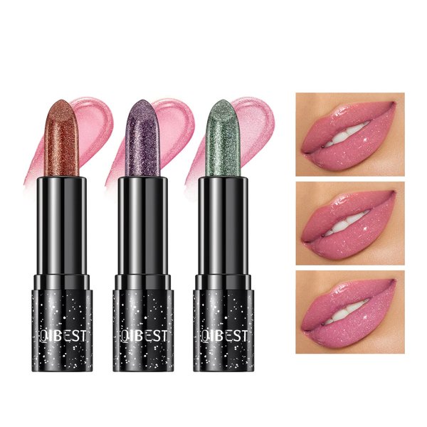 ZAMANIYA 3 Pcs Magic Color Changing Lipstick,Sparkling Glitter Lipstick,Long Lasting Magic PH Lipstick,Warming Lipstick,Nutritious Plumping Lip Balm (Rose+Peach+Apricot)