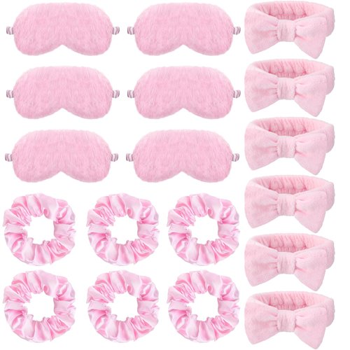 18 Pieces Sleepover Party Supplies for Women, Included 6 Pieces Spa Headband 6 Pieces Sleep Eye Mask 6 Pieces Hair Scrunchies, Essential Sleepover Party Favors for Spa Birthday Bachelorette Slumber