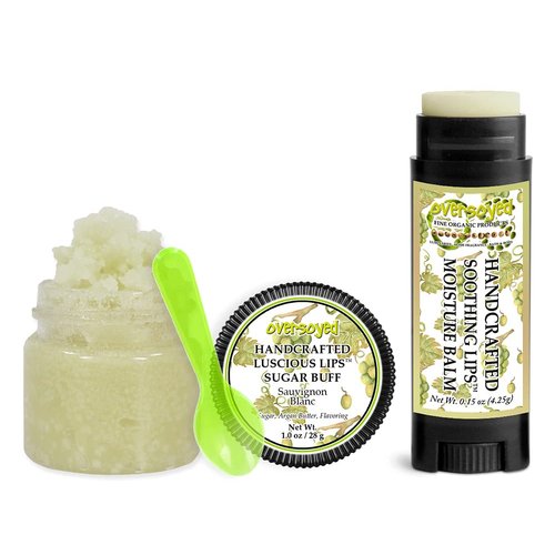 Sauvignon Blanc Soothing & Luscious Lips by OverSoyed Exfoliator & Chapped Lip Repair Lip Care Combo | Artisan Handcrafted to Order White Wine Grape Lime Peach Apple Passion Fruit Flavored Exfoliating Sugar Lip Scrub & Lip Moisturizer Balm Gift Set