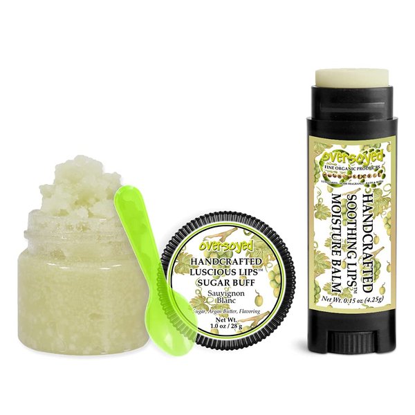 Sauvignon Blanc Soothing & Luscious Lips by OverSoyed Exfoliator & Chapped Lip Repair Lip Care Combo | Artisan Handcrafted to Order White Wine Grape Lime Peach Apple Passion Fruit Flavored Exfoliating Sugar Lip Scrub & Lip Moisturizer Balm Gift Set