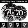 OBUSATT 96PCS 70th Birthday Party Supplies Black and White Silver 70th Happy Birthday Paper Plates Napkins 70th Party Decorations 70 Years Old Dinnerware Party Favor Men Women Tableware Serves 24