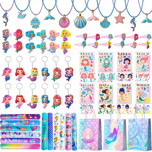 84pcs Mermaid Party Favors for kids with Mermaid Birthday Rings Keychain Slap Bracelets Bags Hair Clips Necklace etc Mermaid Birthday Party Favors for Mermaid Birthday Decorations Supplies