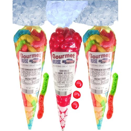 Gummy Worms (2) Neon Sour Worms (1) Sour Cherry Balls Fire Engine Red (NET WT 30 OZ) Gourmet Kruise Signature Gift Bags
