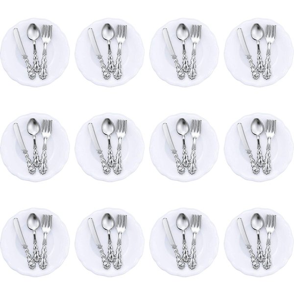 12 Pieces 1:12 Scale Miniature Plates and 12 Pieces Knives Forks Spoons Metal Tableware Dollhouse Miniatures Porcelain Plate Set Dollhouse Kitchen Accessories Dollhouse Decoration Accessories