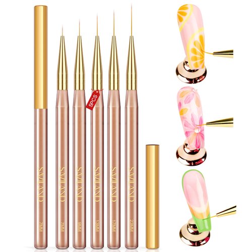 Saviland Fine Nail Art Liner Brushes: Soft & Smooth Striping Brush Size 7/9/13/17/23 mm, 5PCS Nail Art Brush for Long Lines, Details Gel Polish Painting Designs